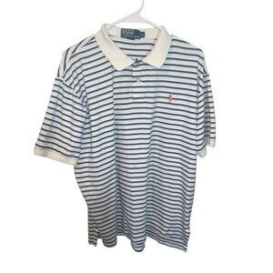 POLO RALPH LAUREN Men's Blue Striped Polo Shirt Size XL Orange Pony Logo READ